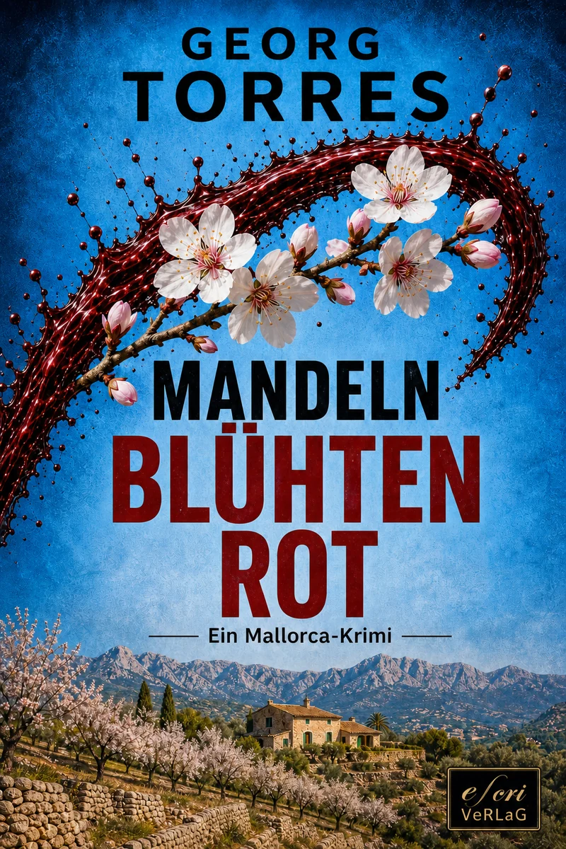 Originalcover Mandeln blühten rot von Georg Torres: Mandelblüten und Finca vor Bergen